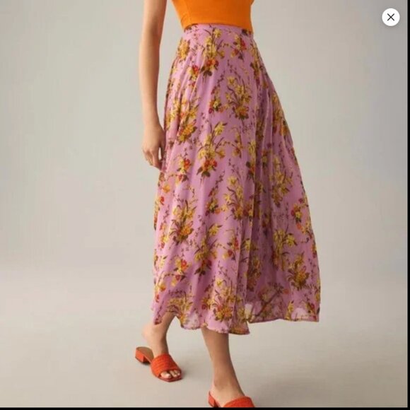 Anthropologie lilac pink Floral Mid chiffoni Skirt Ruffle Flared A-Line 2 XS New